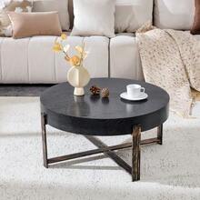 Round Coffee Table (68 Cm In Diameter) In A Retro Industrial Style. Black MDF Top With A Wood Pattern, Antique Bronze Cross Base, Ideal For A Wabi-Sabi/Industrial Style. - Black - View 5