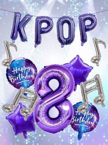 13件套K-POP主题气球套装，包含40英寸紫色0-9数字铝箔气球、16英寸紫色字母气球、18英寸圆形生日快乐气球、银色音符气球和五角星气球，适合生日派对和流行音乐主题装饰。 - 紫色 - 查看 5