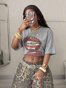Women's Comfortable White Oversized T-Shirt, Y2K Style, Lip Print, Casual Style, Tropical Vacation, 2026 Fashion, Cute Style, Casual Style. 180g (Sizes S-XXXL) - 淺灰色 - 查看 7