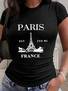 GiftGift Women's Short Sleeve T-Shirt With Round Neck And Ruffled Waist, Y2K Style, Eiffel Tower Art Print, Solid Color, Slim Fit, Casual, Sizes XS-XXL, 100% Cotton, Soft. - 黑色 - 查看 3