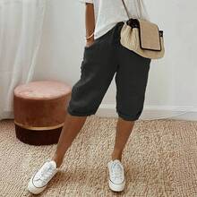Pantalones casuales de algodón y lino con bolsillos elásticos para mujer, estilo europeo y americano, novedad de verano, pantalones de cinco cuartos. - B - Ver 5