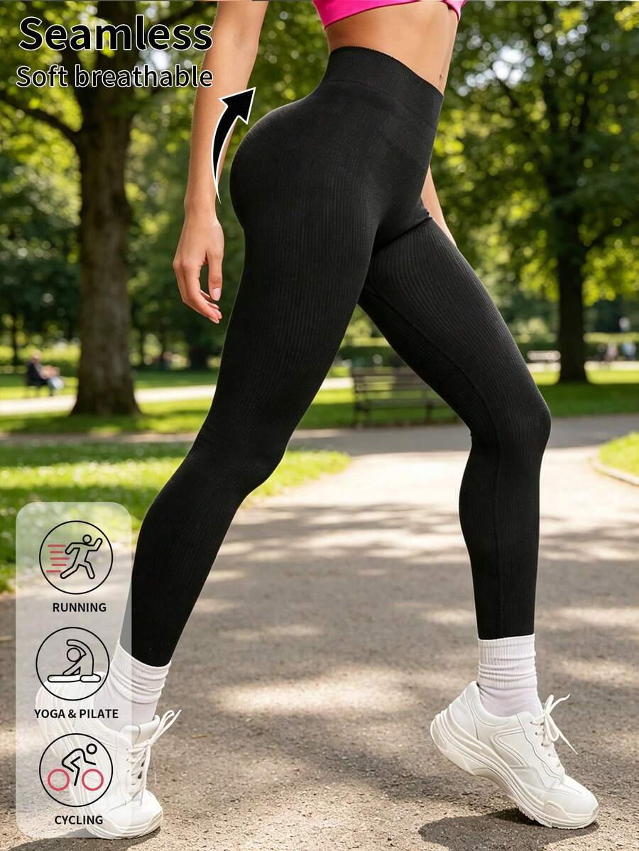 Seamless Ribbed Fitness Leggings, Slimming Form-Fitting Gym Tights, Multi-Scene Training Activewear Sports - Black - View 1