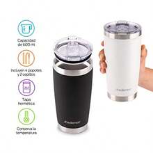 DDV Redlemon Double-Walled Stainless Steel Thermal Mug, 600 Ml, 2 Pieces.  For Water And Coffee With Airtight Lid. Keeps Your Drink Hot For 4 Hours And Cold For 6 Hours. Includes Straws And Cleaning Brush. - 白色 黑色 銀色 - 查看 3