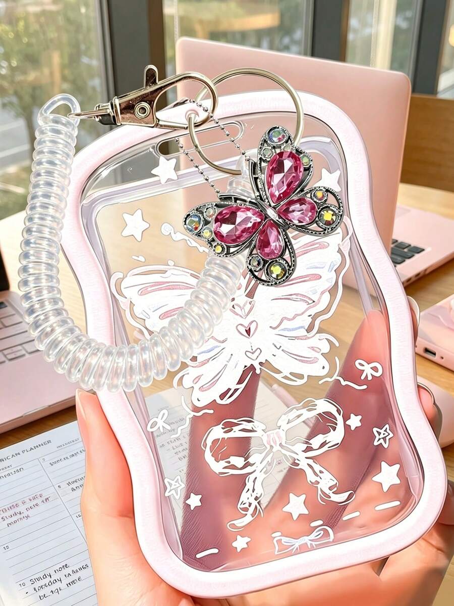 Pink Diamond Butterfly Pendant Card Holder With Pearl Chain, High-Quality Star Bow Transparent Wave Edge Design Card Case With Spring Cord And Buckle, Suitable For Student ID, Meal Card, Transit Card, Access Card, Bank Card And Other Cards, Scratch-Resistant And Shockproof, Suitable For Campus Commute, Daily Travel, Office Access, Gift For Friends, Girlfriend, Students, Birthday, Holiday, School Gifts - Multicolor - View 1