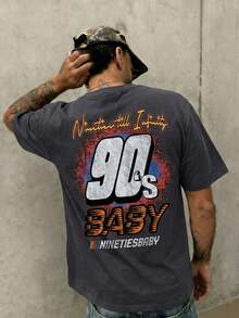 FRACTYR Men's Summer Casual Streetwear | "90s BABY" Racing Graphic Black T-Shirt | Must-Have Retro Streetstyle Piece | Round Neck Short Sleeve Top - Dark Grey - View 2