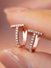 1 Đôi bông tai hình chữ T tối giản, tự nhiên, đa năng, đính đá Cubic Zirconia tổng hợp, thích hợp đeo hàng ngày, dự tiệc, làm quà tặng, trang sức. - Hoa hồng vàng - Xem 2