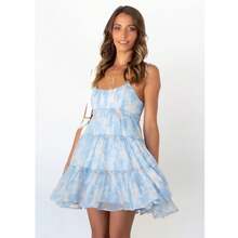KZKZWK Floral Print Cami Mini Dress, Tiered Ruffle Hem, Casual Vacation Sundress - 藍色印花 - 查看 12