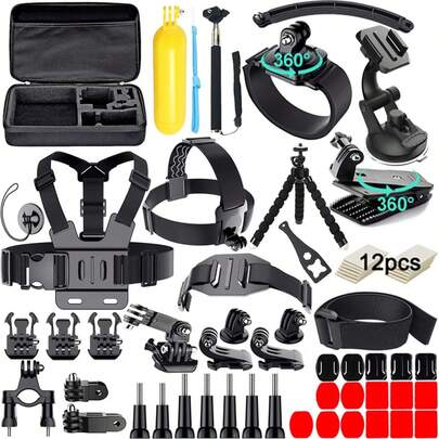 Bộ phụ kiện camera hành động 61 trong 1 dành cho Hero 13 12 11 10 9 8 7 6, Max, Fusion, D-JI Osmo Action 2, 3, 4, Pro 5, Ace Pro/Ace Pro 2 và các camera thể thao khác, kèm hộp đựng bền chắc.