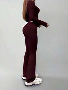 Women's Casual Round Neck Long Sleeve T-Shirt And Pants Set, Versatile For Spring - Red Violet - View 5