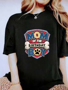 Camiseta a juego para la familia con estampado de pata de perro de dibujos animados "Madre del Cumpleañero" - Camiseta de cuello redondo transpirable y cómoda para mujer - Camiseta unisex de algodón suelto de manga corta y cuello redondo estilo vintage urbano - Negro - Ver 1
