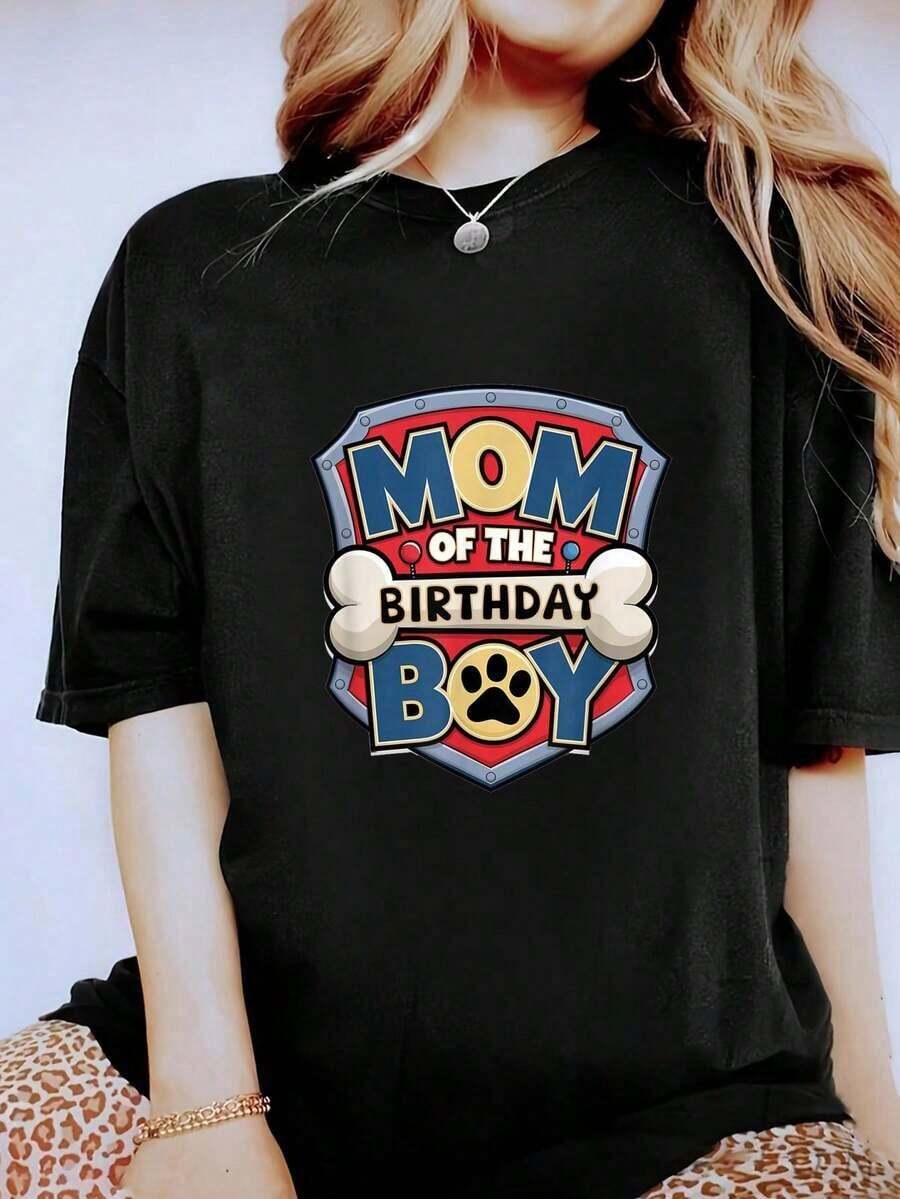 Camiseta a juego para la familia con estampado de pata de perro de dibujos animados "Madre del Cumpleañero" - Camiseta de cuello redondo transpirable y cómoda para mujer - Camiseta unisex de algodón suelto de manga corta y cuello redondo estilo vintage urbano - Negro - Ver 1