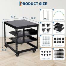 Profi Server Rack 10U-20U höhenverstellbar, Offener Netzwerkschrank mit Rollen & Wandhalterung, Belastbar bis 227kg, Inklusive 2 Fachböden für IT & AV, Robuster Schwerlast-Stahl - 15U - Übersicht 2