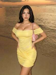 Kliou Sexy One-Shoulder Dress Women Multi-Layer Sexy Contrast Mesh, Fashion Party Birthday Vacation Mini Fitted Dress Elegant Summer - Yellow - View 2