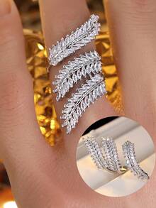1pc Luxury Wheat Ear Rhinestone Adjustable Open Ring, Gold & Silver Feather Design Finger Ring - Open Ring - View 4