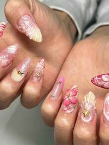 30片法式杏仁形海洋風3D立體海星、法式粉色花朵、貝殼、金色珍珠裝飾美甲貼，含1片果凍膠與1個指甲锉，適合女性/女孩日常、美妝、美甲、畢業季、假期、旅行、禮物美甲 - 彩色 - 查看 3