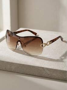 1 par de gafas de moda de estilo Y2K para mujer, con marco de metal de estampado de leopardo, lentes degradados marrones de gran tamaño y marco grande de estilo retro - Multicolor - Ver 2