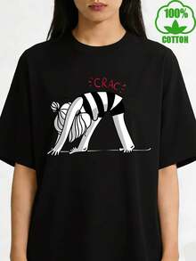 Pure Cotton T-Shirt With Cartoon Gymnastics, Yoga And Leg Press Prints, Women's Short-Sleeved Round Neck T-Shirt In Pure Heavy Cotton, Great Gift Idea. - Black - View 7