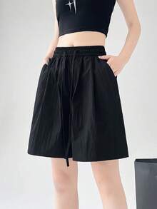 Pantalones cortos de verano para mujer, pantalones cortos informales lisos con dos bolsillos, pantalones cortos de cintura elástica, pantalones cortos sueltos de cintura alta para niñas, pantalones cortos de playa suaves para mujer - Rosa - Ver 2