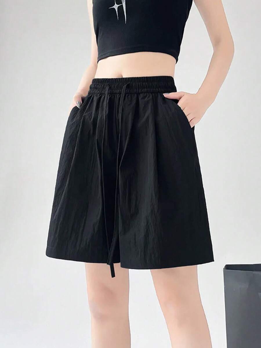 Pantalones cortos de verano para mujer, pantalones cortos informales lisos con dos bolsillos, pantalones cortos de cintura elástica, pantalones cortos sueltos de cintura alta para niñas, pantalones cortos de playa suaves para mujer - Negro - Ver 1