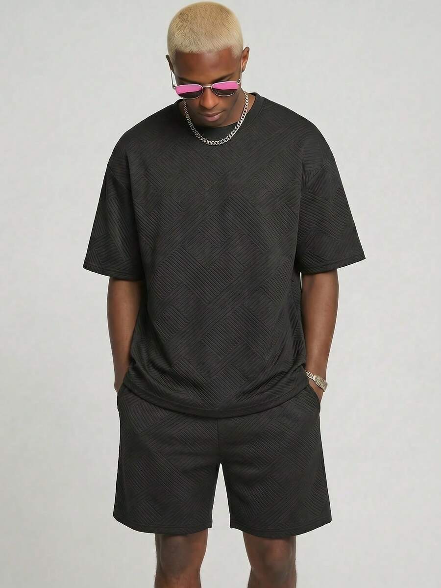2pcs Men's Jacquard Fabric Set, Casual Loose Breathable Top And Basketball Shorts, Versatile For Daily Wear - Black - View 1
