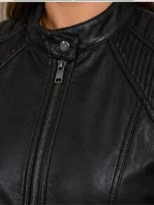 Women's Plus Size Leather Jacket - màu đen - Xem 3