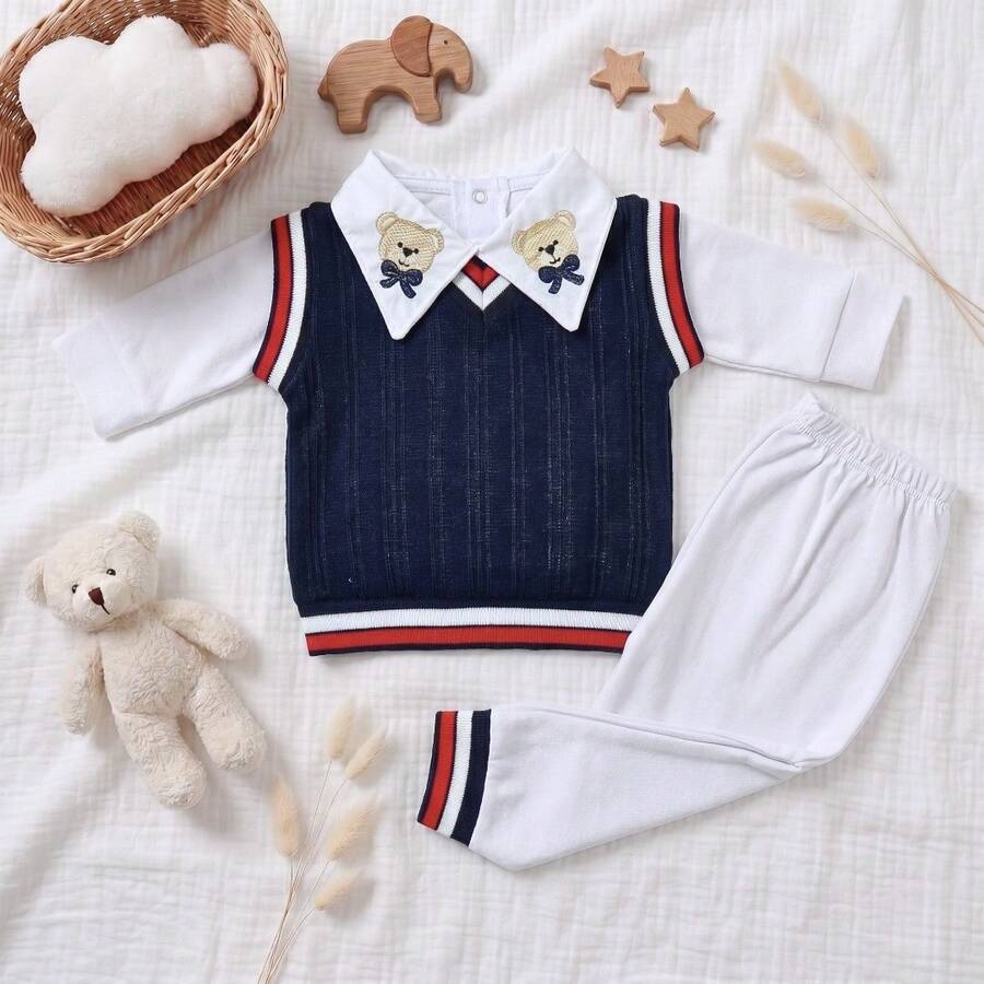 Pagan Baby Embroidered Collar Sweater Set, Sweater + Bodysuit + Pants, Size RN - 藏蓝色 - 查看 1