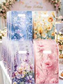 50个/套 花卉油画图案塑料礼品袋，绘画艺术手提袋，生日派对装饰，花卉主题派对用品，礼品包装，婚礼装饰，婴儿派对，购物袋，春季装饰，派对回礼 - 油畫花卉 - 查看 6