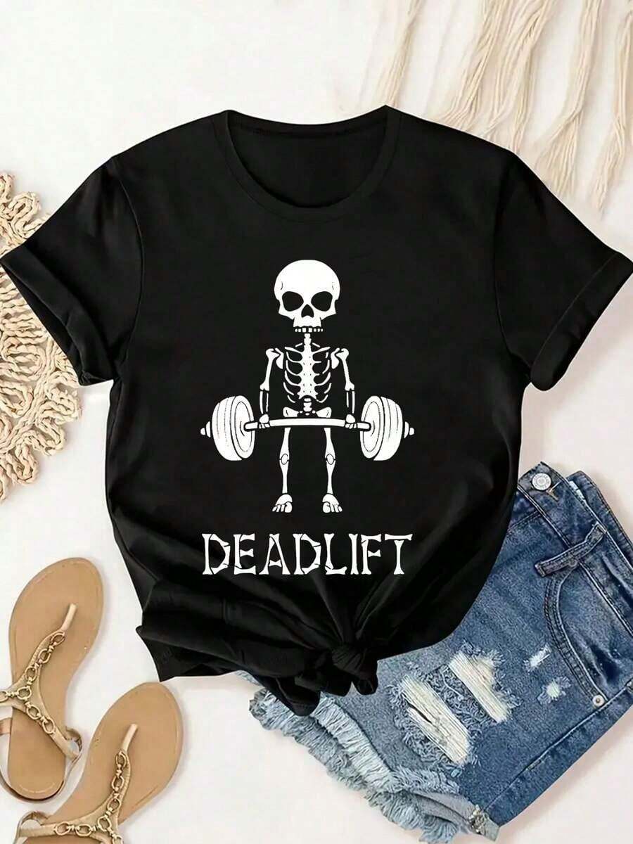 Women's Deadlift Print T-Shirt, Summer T-Shirt For Women, Modern, Casual, Comfortable, Soft, Sporty, For Fitness, Daily Wear, Outdoor, Breathable, Round Neck And Short Sleeve - 黑色 - 查看 1