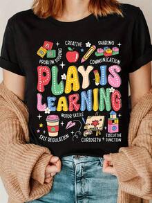 Under The Radar Teacher T-Shirt With The Phrase "Playing Is Learning", Teacher's Day Gift, Teacher Group T-Shirt, Teacher Gift - Vintage Street Style Unisex Loose Cotton Short Sleeve Crew Neck T-Shirt - 黑色 - 查看 7