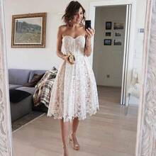 Women's Vintage Blue Cami Midi Dress With Embroidered Lace Overlay, Strapless Asymmetrical Neck Sundress Perfect For Special Occasions - 藍紫色 - 查看 8
