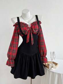 Vestido casual de otoño con estampado tartán, hombros descubiertos y tirantes anchos, perfecto para look diario y salidas con amigas - Rojo y negro - Ver 1
