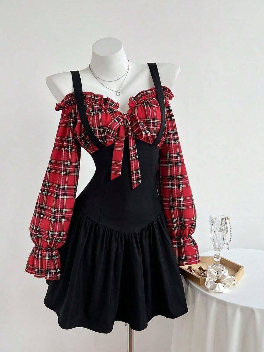 Vestido casual de otoño con estampado tartán, hombros descubiertos y tirantes anchos, perfecto para look diario y salidas con amigas - Rojo y negro - Ver 1