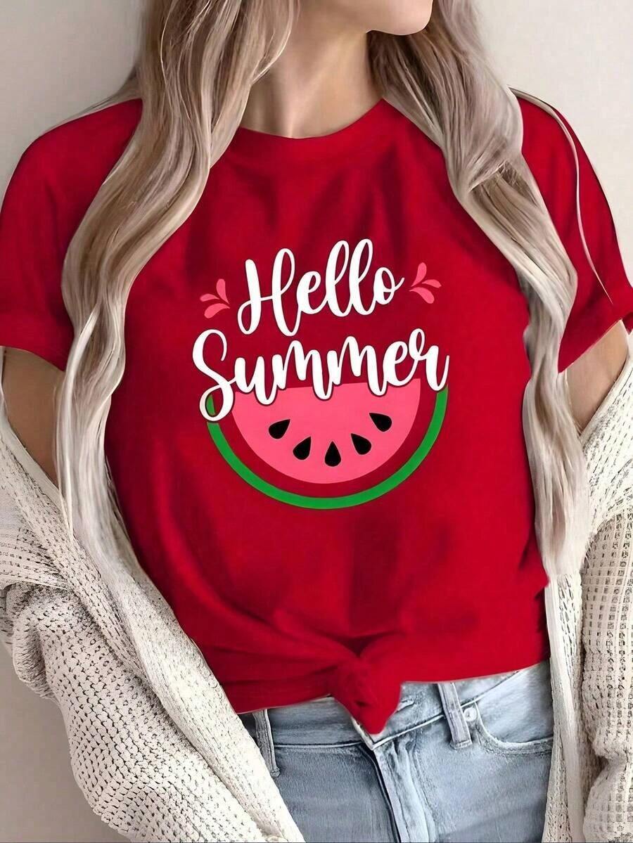 PLAYERA BLUSA DE CUELLO REDONDO PARA DAMA CON ESTAMPDO DE HELLO SANDIA PERFECTA PARA CASUAL GYM-Vintage Street Style Unisex Loose Cotton Short Sleeve Crew Neck T-Shirt - Rojo - Ver 1