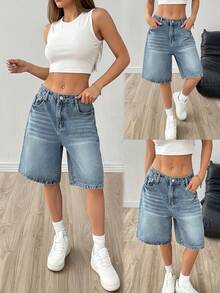 Shorts de mezclilla de pierna recta y holgados de unicolor vintage Y2K, versátiles para adolescentes - Azul lavado medio - Ver 9