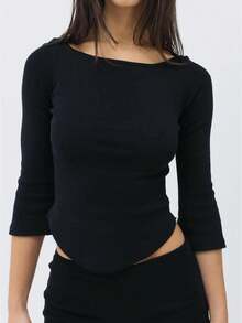 Women Summer Bell 3/4 Sleeve Crop Top Boat Neck Solid Color Slim Fit Basic T Shirts Y2K Party Top For Spring Fall - Black - View 1