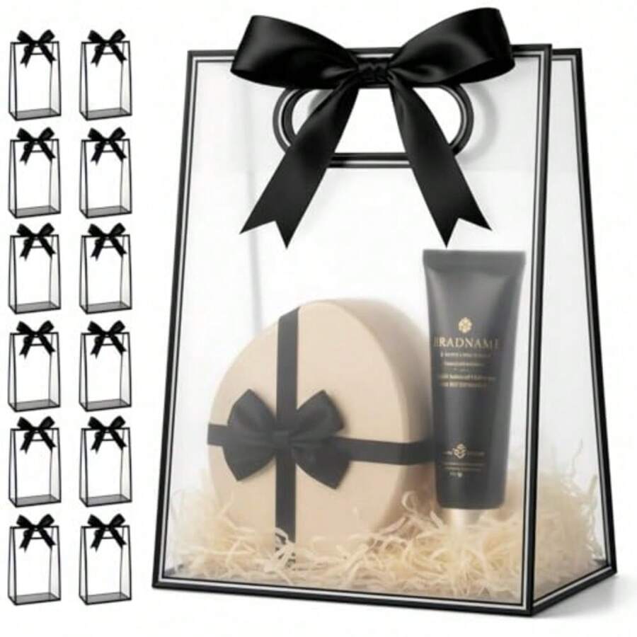 Frosted Clear Gift Bags With Gusset Bottom And Ribbon 15 Pack Semi-Transparent, Reusable Favor Bags In Assorted Sizes, Bulk Pack For Party, Wedding, Birthday, Boutique And Small Business 10.2"X3.2"X7.1", Black, Medium - 黑色/中號 - 查看 1