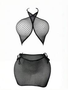 Bộ đồ lót gợi cảm dành cho nữ, áo liền quần lưới kiểu babydoll 2 mảnh. - màu đen - Xem 4