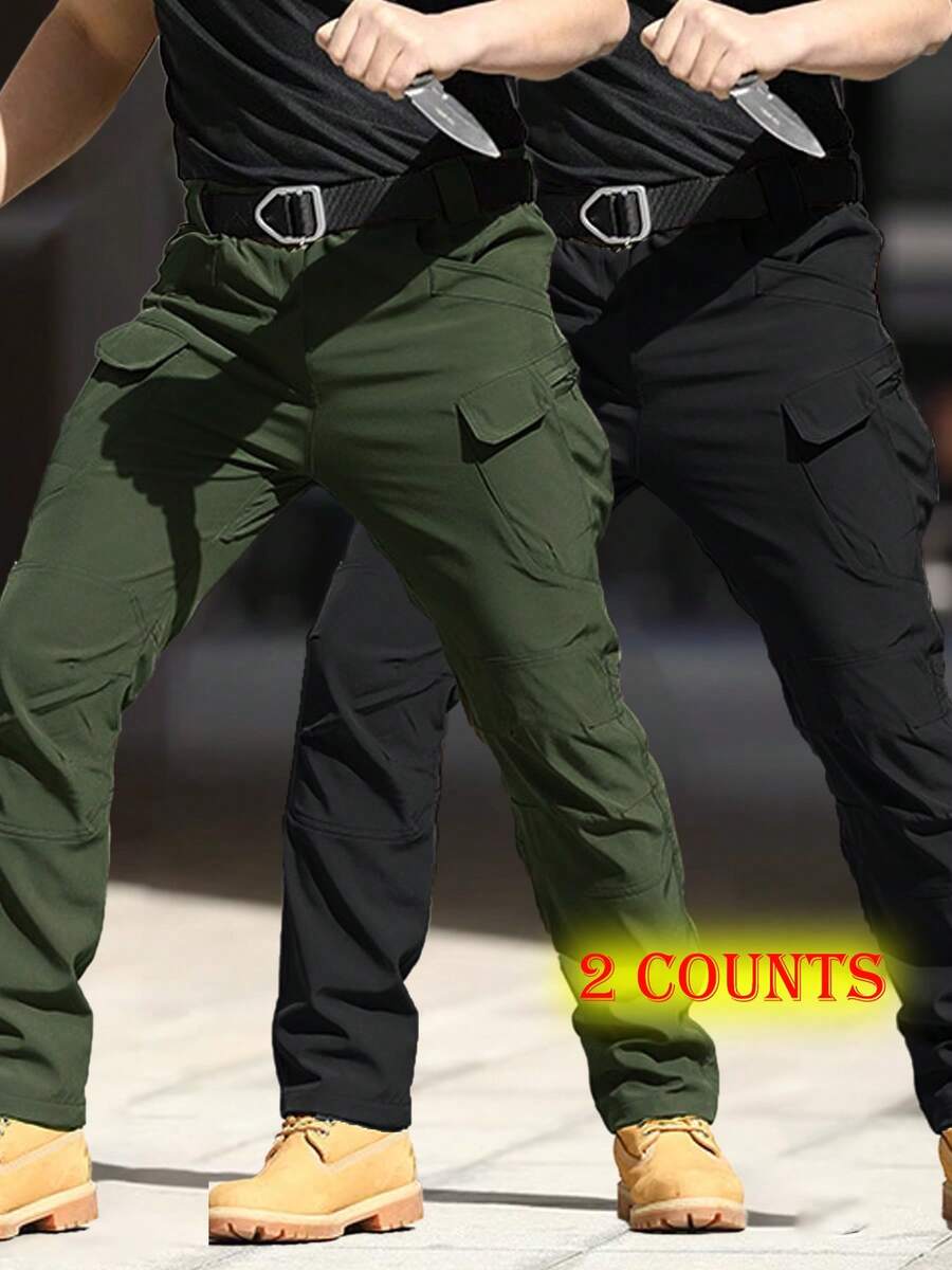 (2 PCS) Waterproof Tactical Pants With 9 Deep Double Pockets, Small Front Pockets - Black - View 1