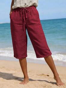 Pantalones Capri de Mujer, Color Sólido, Algodón y Lino, Corte Holgado, Cinturón Delantero y Trasero, Múltiples Bolsillos - Rojo - Ver 1