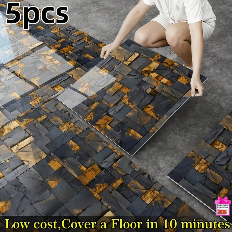 5/10 Pieces Of Glossy Marble-Textured Wall Stickers - Sticky Waterproof Removable Vinyl Stickers, Easy To Peel Off. Luxurious Marble Design, Easy To Install And Clean, Perfect For Bathroom, Kitchen And Living Room Renovations - With Scraper Tools - 5Pcs - 查看 1