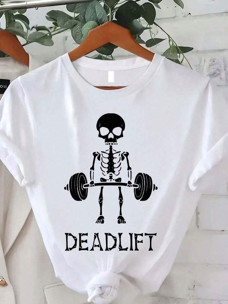 Camiseta de Mujer con Estampado Deadlift, Camiseta de Verano para Mujer, Moderna, Casual, Cómoda, Suave, Deportiva, para Fitness, Uso Diario, al Aire Libre, Transpirable, de Cuello Redondo y Manga Corta - Blanco - Ver 1
