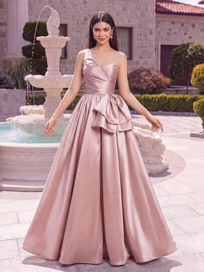  Đầm dạ hội satin Alisa&Leo dành cho nữ sinh tuổi teen - Thiết kế một vai, xếp ly phía trước, nơ eo và dây buộc phía sau - Chân váy dài thướt tha - Thích hợp cho dạ hội, tiệc sinh nhật, đám cưới và các sự kiện trang trọng.