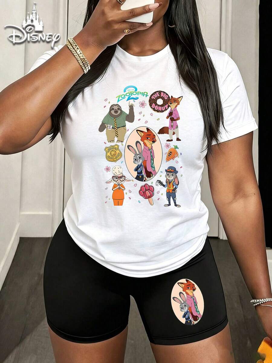 [Disney 2-Piece Casual Women's Set] Disney Zootopia Nick Cartoon Print Crew Neck Short Sleeve T-Shirt And Cycling Shorts Women's Set Combination, A Gift For Mother, Summer Street Daily Vacation Casual Home Wear - 白色 - 查看 1