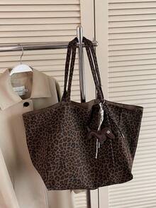 Bolso Tote de Gran Capacidad con Diseño Marrón, Gancho Externo para Taza de Café, Cubierta Superior con Estampado de Leopardo, Doble Correa para el Hombro y Llavero - Marrón - Ver 3