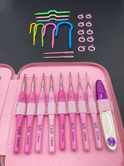 28pcs Crochet Hook Set, 2.5mm-6mm Pink Ombre Hooks, Complete Beginner Knitting Kit With 8 Hooks, 1 Yarn Scissor, 7 Stitch Markers, 10 Locking Stitch Markers, 2 Pink Plastic Needles, Comes With A Pink Faux Leather Storage Bag, Ideal Gift For DIY Sweater Making, Beading And Sewing Enthusiasts