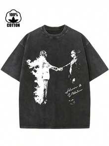 1pcs230g Washed, Fire Messenger Printed T-Shirt, High-Quality Wax Printed Pure Cotton Retro Fashion Brand, Men's Summer T-Shirt, Holiday Perfect Gift - 黑色 13 - 查看 7