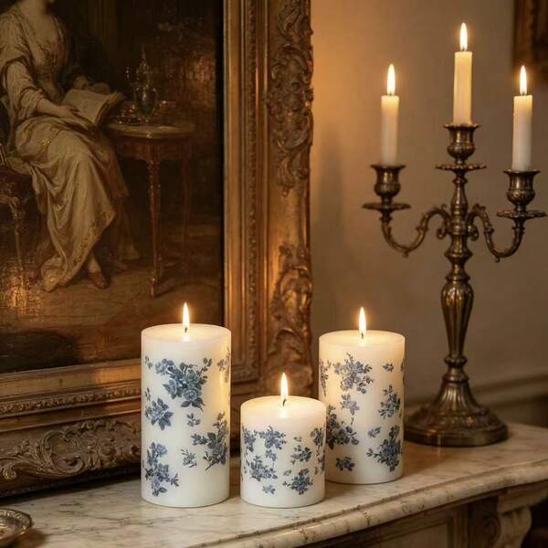 1/3 Stück blaue Blume Muster Kerzen, vintage blauer Rosenprint runde Kerzen, rauchfreie Sojawachs Dekorkerzen, geeignet für Zuhause Schlafzimmer Wohnzimmer Hochzeit Tischdekoration, Geburtstag Muttertag Feiertags Geschenk