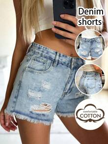 Shorts vaqueros vintage con dobladillo deshilachado y rasgado, estilo callejero personalizado Y2K. Shorts vaqueros casuales de unicolor versátiles para adolescentes - Lavado ligero - Ver 9