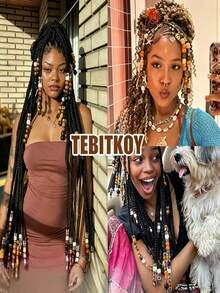 70pcs Brown & Orange Wood Beads For Braids, Dreadlock Accessories With Threader Tool,Clips For Hair,Claw Clips - Multicolor - View 2