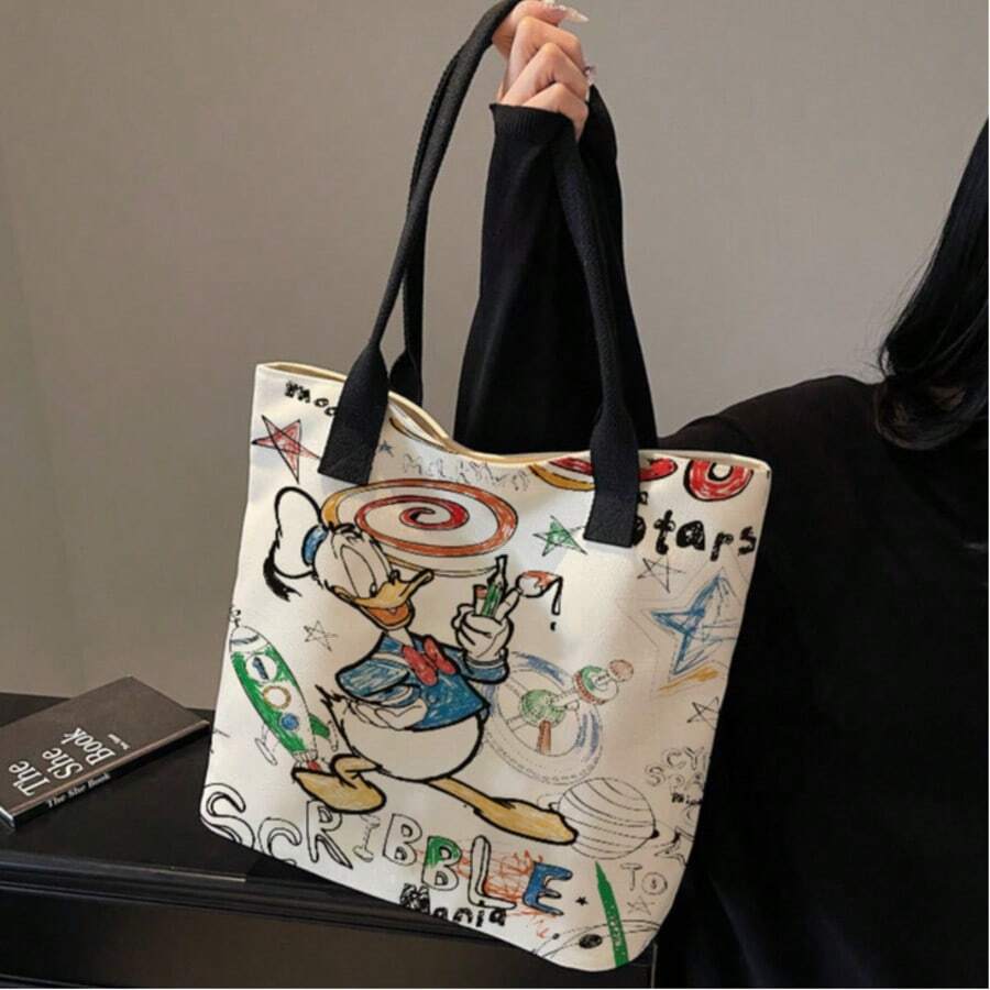 1pc Disney Mickey Mouse Style Shoulder Bag, Cartoon Canvas Bag, School And Office Storage Bag - Rectangle - View 1